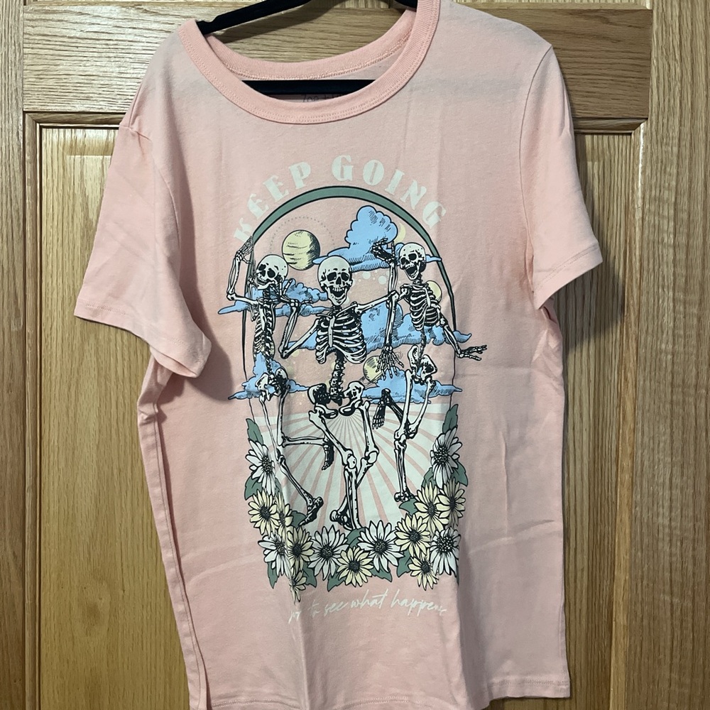 Target Light Pink Tee with Skeleton and Floral Design